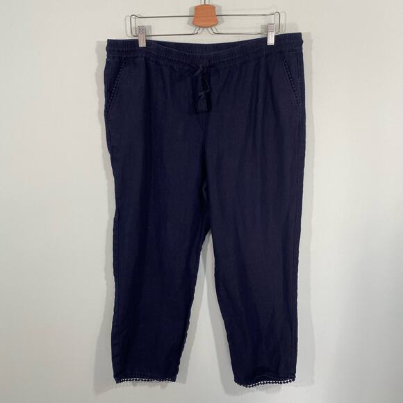 Talbots Women's Navy Eyelet Trim Linen Pull On Pants Size 14 - Picture 1 of 8